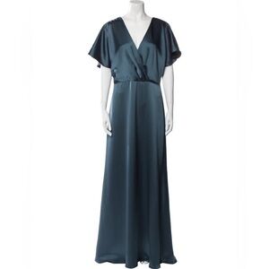 Anthropologie Amsale Teal Flutter Sleeve V-Neck Gown